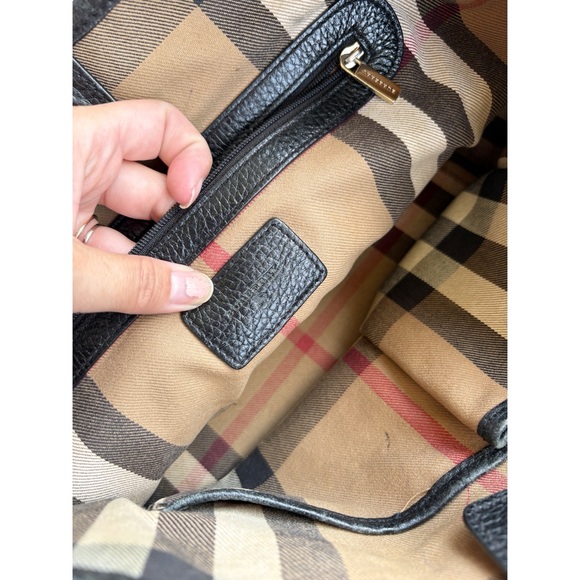 Burberry Authentic Classic Black Leather Textured Tote Plaid Interior - Picture 5 of 15